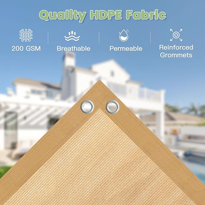90% Shade Cloth 12×12 FT with Grommets, Outdoor Sun Shade Cloth UV Block Shade Fabric for Patio, Backyards, Carport, Garden, Wheat