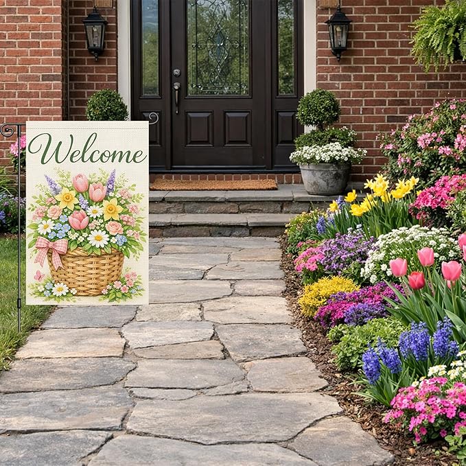Heyfibro Welcome Spring Floral Basket Garden Flag 12x18 Inch Double Sided Spring Tulip Daffodil Garden Flag Small Yard Flags for Outside House Farmhouse Seasonal Outdoor Decorations