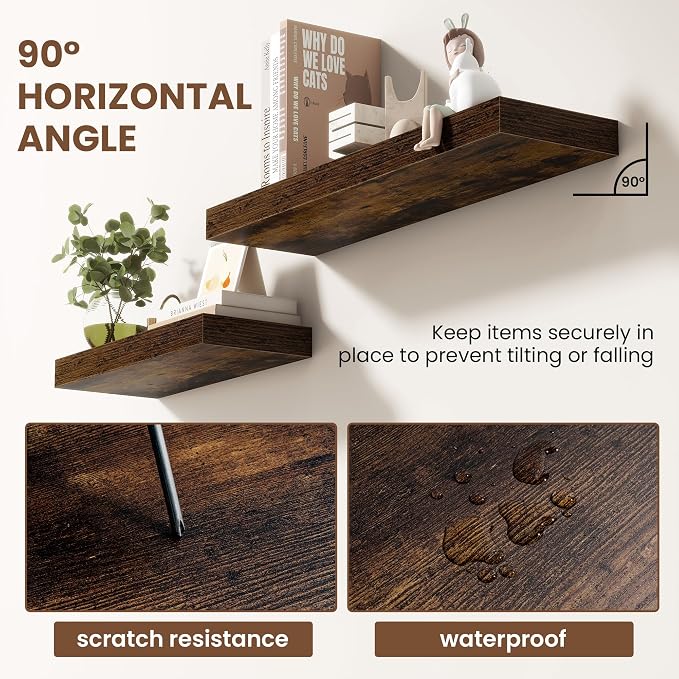 Acovy 24 Inch Floating Shelves for Wall 2 Pack, 24" Wall Shelves for Books, Storage, Decor, Wall Mounted Floating Shelf with Invisible Brackets for Kitchen, Living Room, Brown