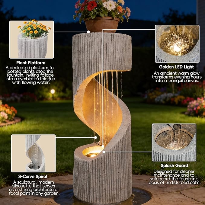 Modern S-Shaped Outdoor Fountain with LED Light, 40” Tall Spiral Column Waterfall Feature with Flat Top for Plant Display, Decorative Water Fountain for Garden, Patio