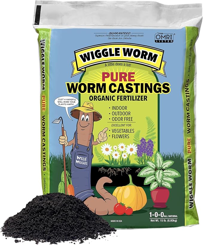 Wiggle Worm 100% Pure Organic Mineral-Dense Worm Castings Fertilizer, 15lbs - Improves Soil Fertility and Aeration for Growing Better Houseplants, Vegetables, and More