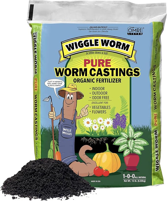 Wiggle Worm 100% Pure Organic Mineral-Dense Worm Castings Fertilizer, 15lbs - Improves Soil Fertility and Aeration for Growing Better Houseplants, Vegetables, and More
