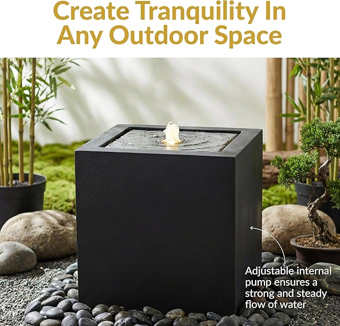 Sunnydaze Outdoor Water Fountain with LED Light - Modern Square Bubbler Water Feature with Pump - 17.5" H - for Patio, Garden, Deck, Relaxation and Stress Relief - Black