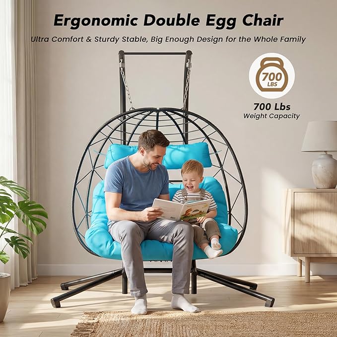 Easyego 2-Person Wicker Hanging Egg Chair with Stand- 700 lb Capacity, Indoor/Outdoor Double Egg Swing Hammock Chair for Patio, Garden, Porch, Living Room, Bedroom-Blue