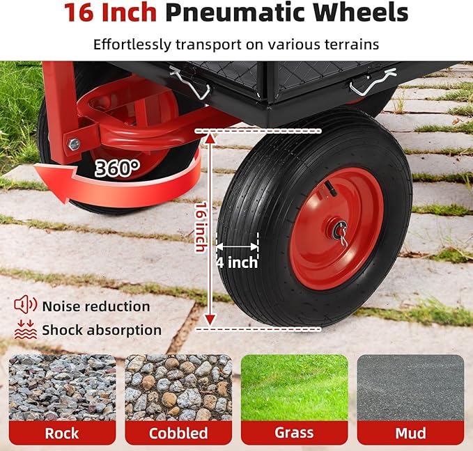 GarveeHome 1400Lbs Heavy Duty Steel Garden Cart, Garden Wagon Cart on Wheels, Metal Yard Utility Wagon with Removable Mesh Sides, 2-in-1 180° Rotating Handle and 16 Inch Wheels for Garden, Farm, Yard
