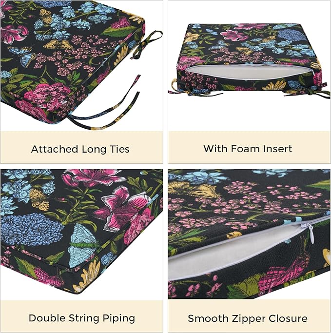 FUNHOME Outdoor Chair Cushions 18"x18"x2.5" Set of 2,Water Reistant Patio Chair Cushion with Zipper&Ties,18x18 Inch Square Seat Cushion for Garden Furniture Chairs(Butterfly Black)
