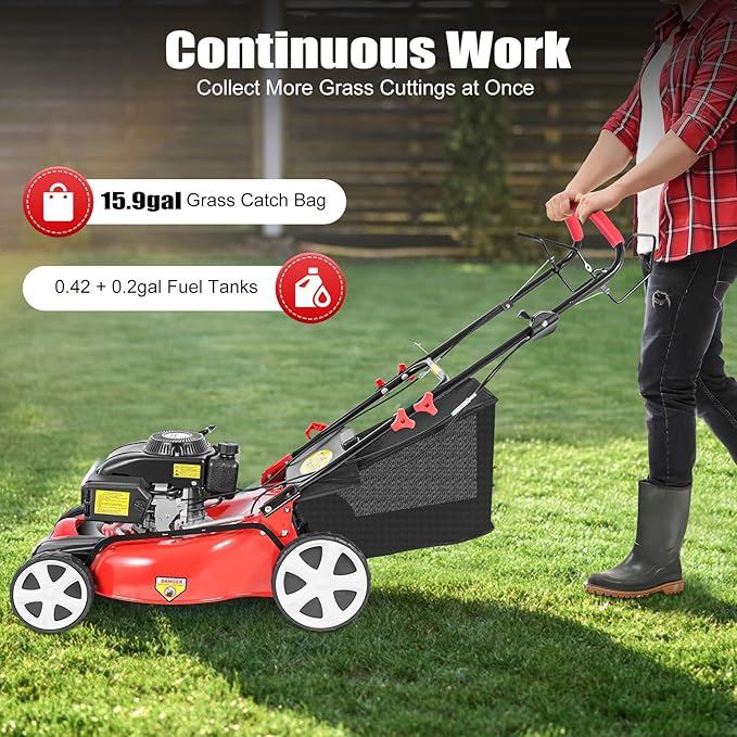 Gas Lawn Mower, 5HP 140CC 4-Stroke Self Propelled Gas Lawn Mower 2800RPM High Speed Gas Powered Weed Sweeping Machine with 20-Inch Cutting Width, 8 Gears Height Adjustable Lawn Mower for Garden Lawn