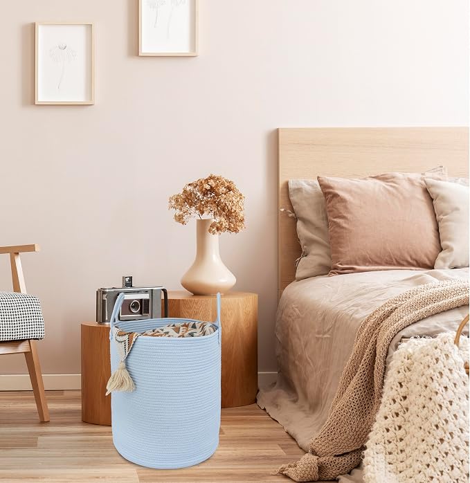XUANGUO Cotton Rope Laundry Basket Hamper for Clothes, light blue