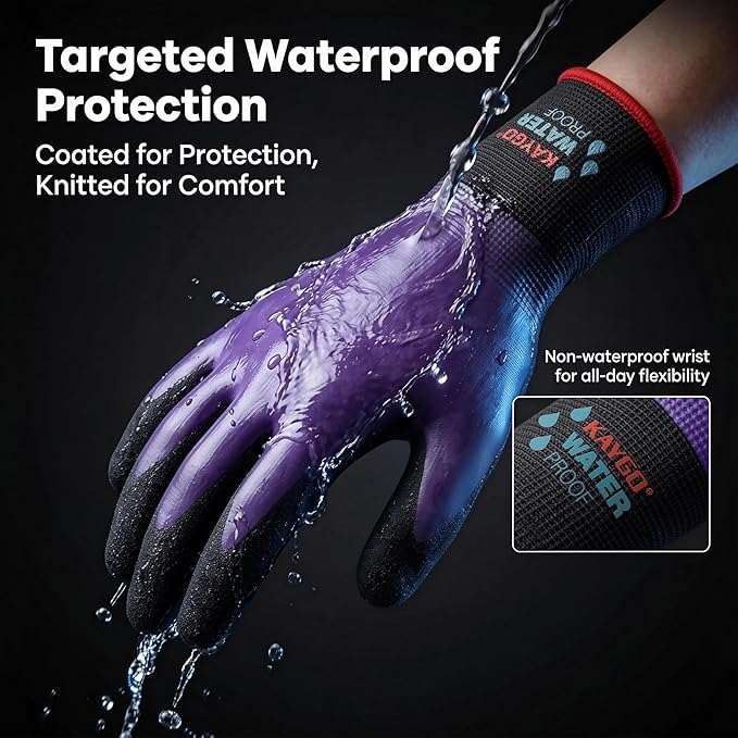 KAYGO Waterproof Work Gloves for Men and Women, Rubber Coated Non-slip Working Gloves for Garden, Outdoor Construction, KG150, Purple, L
