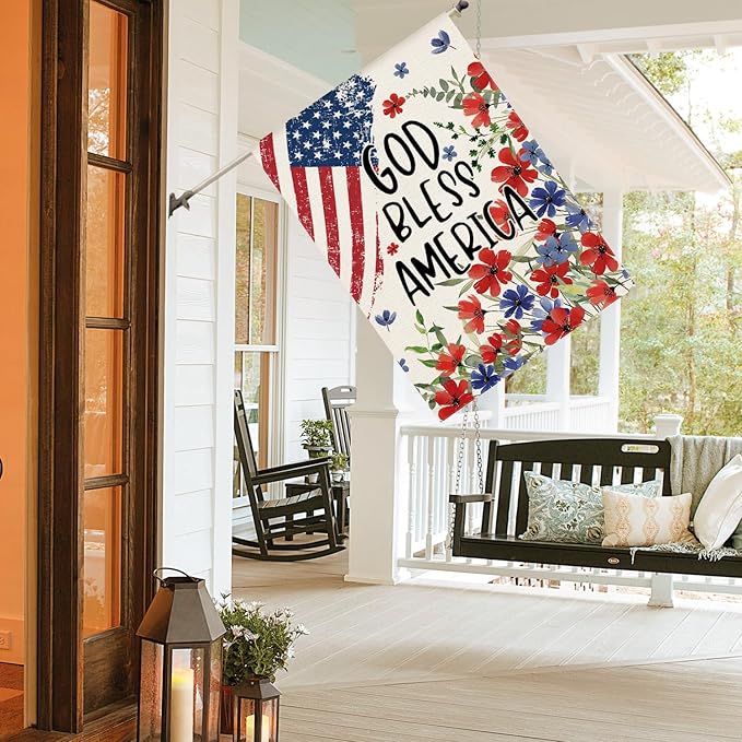 AVOIN colorlife 4th of July Patriotic Memorial Day House Flag 28x40 Inch Double Sided Outside, American Stars and Stripes God Bless America Floral Yard Outdoor Decoration