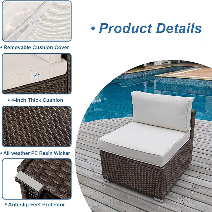 COSIEST Outdoor Furniture Add-on Armless Chair for Expanding Wicker Sectional Sofa Set w Off White Thick Cushions for Garden, Pool, Backyard