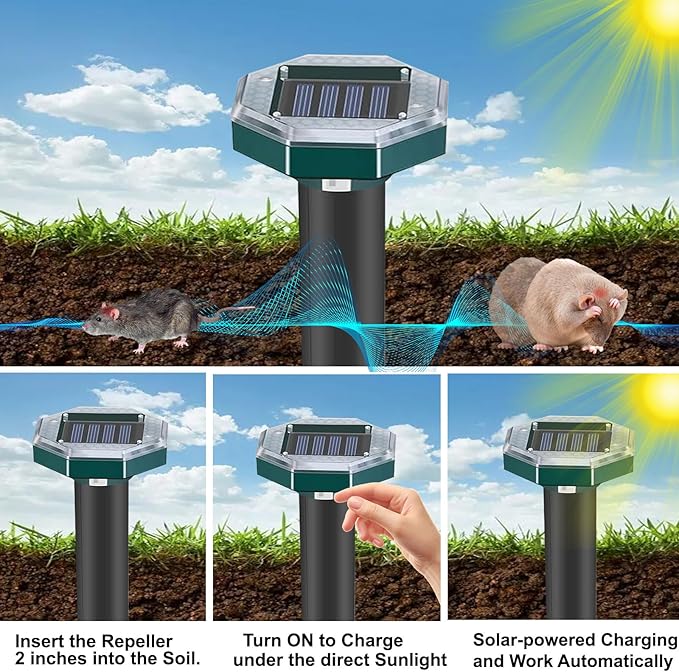 10 Pack Mole Repellent Solar Powered Snake Repellent for Yard- Ultrasonic Pest Repeller Gopher Rodent Rat Mouse Groundhog Skunk Chipmunk Vole Remover for Lawns Garden Yard Outside(10)