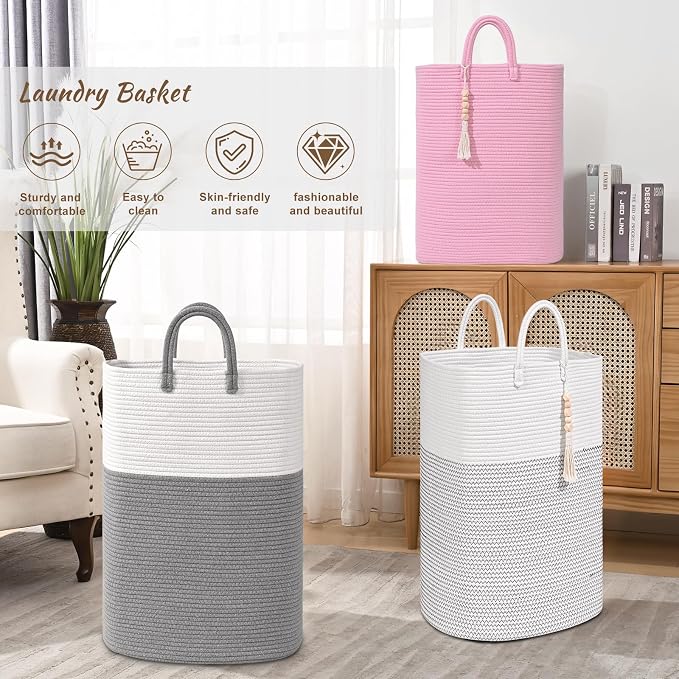 Woven Laundry Basket for Clothes, 100L Large Rectangle Laundry Hampers with Beads Tassel, Nursery Storage Basket for Toys, Tall Dirty Clothes Hamper for Bedroom Aesthetic, Laundry Room Organization