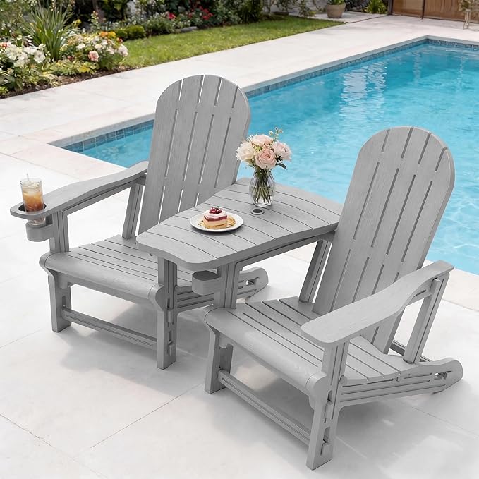Vongrasig Adirondack Chairs Set of 2 with Removable Tabletop, Outdoor HDPE Plastic Fire Pit Chair Set with Wooden Textured, Cup Holder for Patio, Poolside, Deck, Garden, Light Grey, 3 Pieces