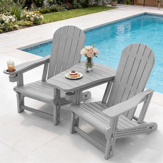 Vongrasig Adirondack Chairs Set of 2 with Removable Tabletop, Outdoor HDPE Plastic Fire Pit Chair Set with Wooden Textured, Cup Holder for Patio, Poolside, Deck, Garden, Light Grey, 3 Pieces