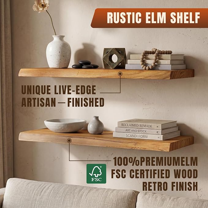 36" Live Edge Floating Shelves, Solid Elm Wood Shelf, Set of 2 | 1.4"Extra Thick, 9.3" Deep Heavy Duty Storage, Artisan Natural Finish for Kitchen, Coffee Bar & Living Room