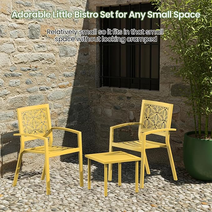 BUPPLEE 3 Piece Patio Bistro Set, Outdoor Steel Furniture Set, Stackable Modern Conversation Sets for Balcony Garden Deck Patio w/2 Chairs 1 Table, Yellow