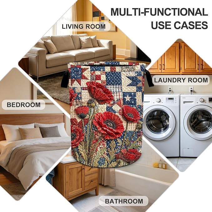 Red Flower Laundry Basket Collapsible Oxford Laundry Hamper Clothes Storage Bin with Handles for Bedroom Bathroom Laundry Room 19.6 x 15.7 Inches