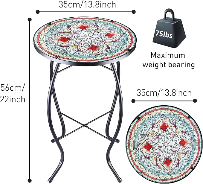 Arbuxzuy 14 Inch Small Outdoor Side Table with Red Flower, Glass Mosaic Patio Table Indoor, Round Plant Coffee Table for Living Room, Balcony, Garden