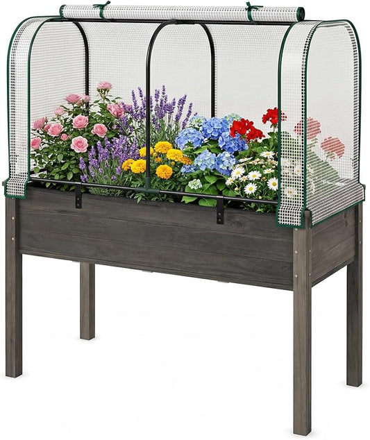 Giantex Raised Garden Bed with Cover, Wood Elevated Planter Box with Legs & Mini Greenhouse, Waterproof Sun-Protective PE Green House Cover, Outdoor Use for Fruit Vegetable Flower Herb (White+Gray)