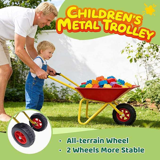 Kids Metal Wheelbarrow with Single Wheel,Children Garden Cart with Steel Tray and Non-Slip Handles, Sturdy Outdoor Yard Toy for Toddlers, Ideal for Sand, Leaves, and Soil (Red-Wheelbarrow)