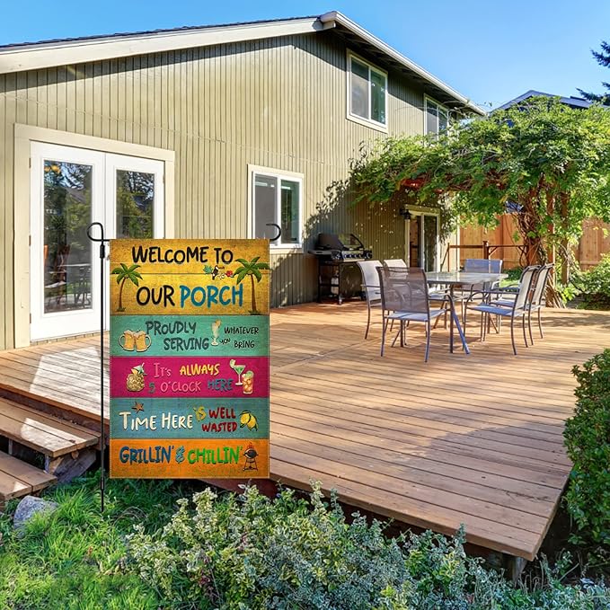 Snycler Welcome To Our Porch Garden Flag, 12.5x18" Party Decorations, Summer Decor, Outdoor Beach Bar Pub Porch Patio Deck Backyard Poolside Decor Outside