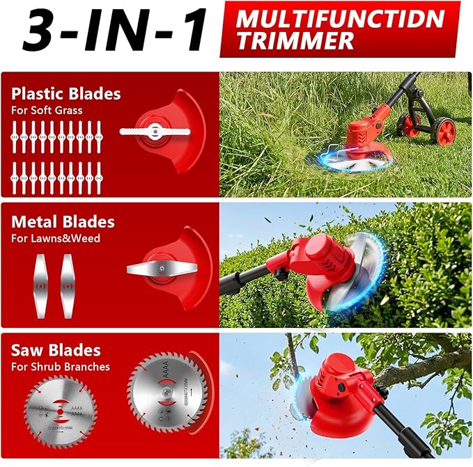 Electric Weed Wacker Cordless with Wheels, 4-in-1 Weed Eater Battery Powered 4000mAh 21V, Brush Cutter/String Trimmer/Grass Trimmer/Lawn Mower with 3 Types Blades, Lightweight Garden Tool, 2 Battery