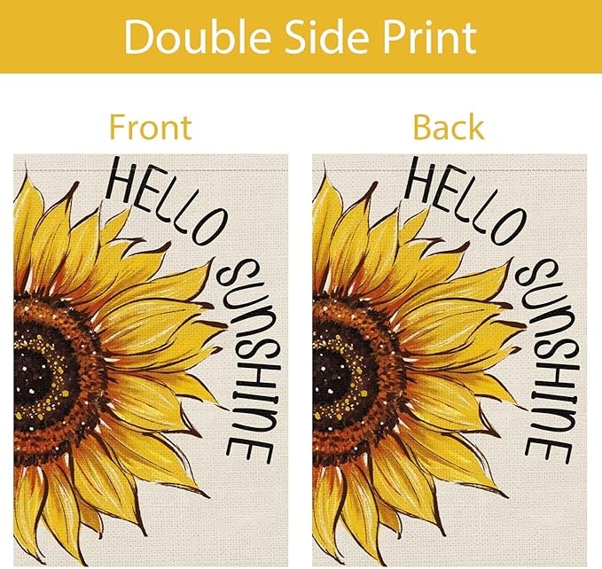 Hello Sunshine Summer Garden Flag 12x18 Inch Double Sided for Outside, Floral Sunflower Seasonal Burlap Yard Outdoor Flag