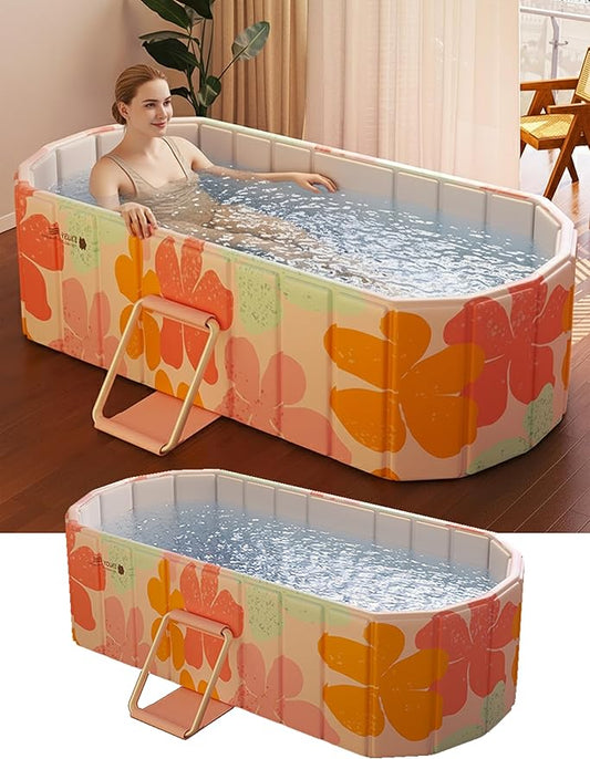 Portable Bathtub Ice Bath Tub - Foldable Collapsible Bathtub for Adult Shower Bathroom Hot SPA Soaking Cold Plunge Tub Freestanding Bathtub 59"Lx22"Wx20"H Pink