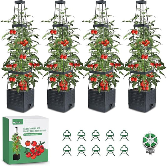 MQFORU Tomato Planter Boxes with Trellis Outdoor, 57" Self Watering Raised Garden Bed, Tall Square Planters for Indoor Plants, Large Tomato Cage for Patio, Use for Indoor Outdoor (4)