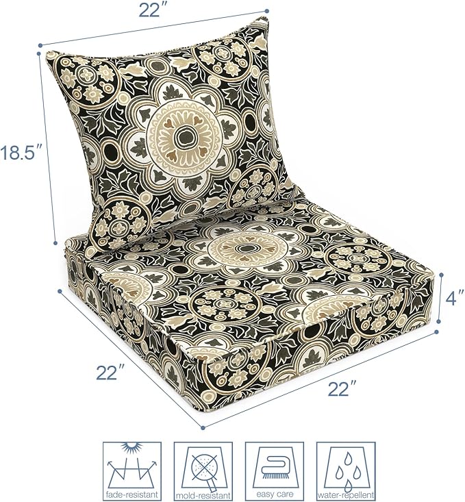 LVTXIII Outdoor Seat and Back Cushion Patio Deep Seat Cushion Set Seasonal Chair Cushion for Wicker Chairs and Garden Furniture Decoration, 22"x22"x4", Vintage Medallion