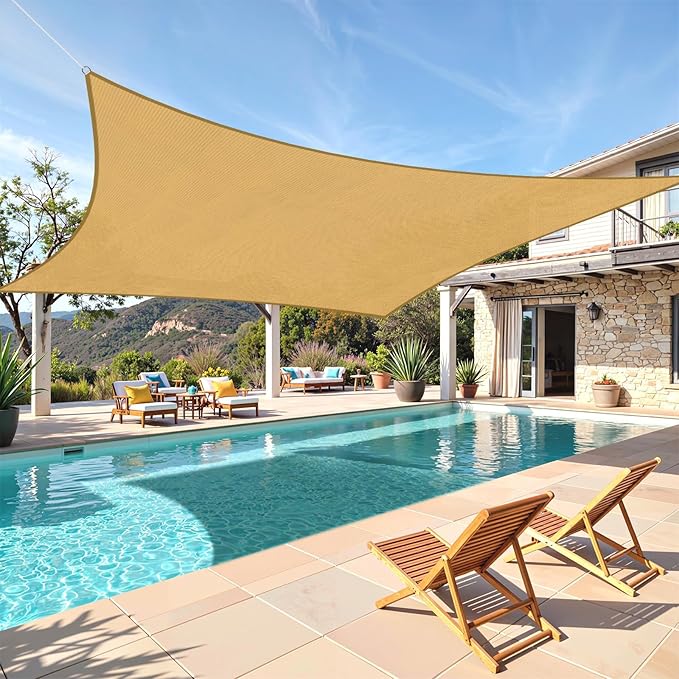TasticTotes Rectangle Sun Shade Sail - 12' x 16', 95% UV Blockage, HDPE Sunshades for Outdoor Patio, Yard, Deck, Garden, Lawn, Permeable Awnings for Patio Shade with Reinforced Corners & Ropes (Sand)