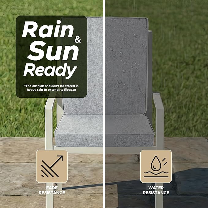 Outdoor Chair Cushions, Water-Resistant & Fade-Resistant, Patio Furniture Lawn Dining Chair Seat Replacement with Mid Back, Ties Zipper, Removable Cover, 18 x 16.5 Inch, Set of 4, Light Grey