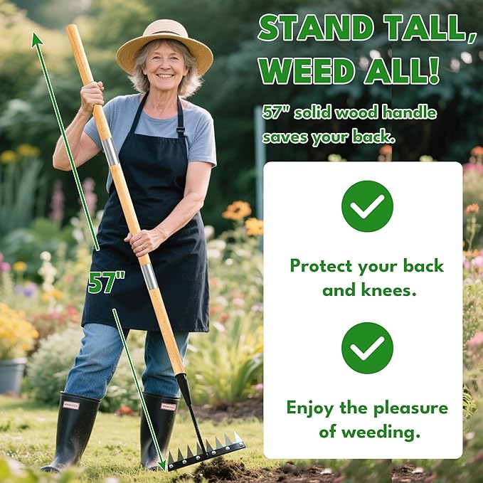 Weed Puller Tool, Iron Weeding Rake with Handle 2.0, Upgraded 8 Teeths Garden Weeding Tool Heavy Duty Gardening Tool for Lawn, Flower Beds & Soil Aeration