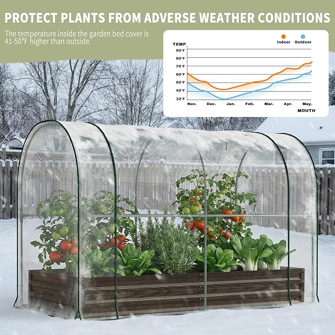 SUNYRISY Galvanized Raised Garden Bed with Greenhouse, Outdoor Metal Planter Box Kit with Bed Cover, Garden Box Protection for Gardening Vegetables Flowers Herbs Planting, Wood Grain