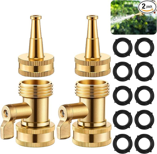 4 Pcs Garden Hose Nozzle Kit, 4" Brass Adjustable Twist Nozzle, Jet High Pressure Sprayer, Brass Shut Off Valve with 10 Rubber Washers, 3/4" GHT Connector for Sprinkler(High Pressure,2 in)