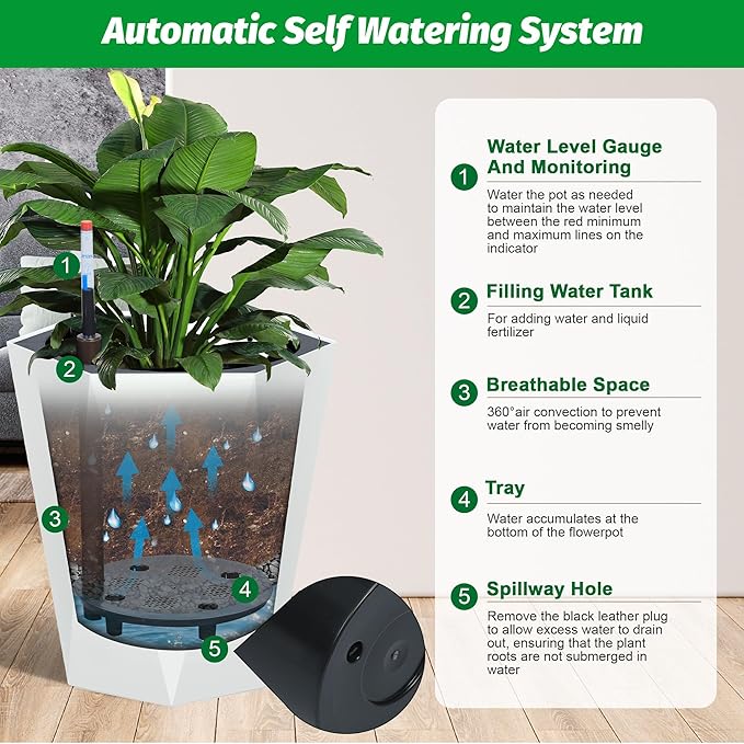 Set of 2 Tall Planters for Outdoor Plants, 16" Large Planter Pots with Drainage Holes & Water Level Monitor, Self-Watering Flower Pots for Patio, Porch, Garden, Front Door Decor, Indoor Outdoor