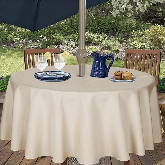Outdoor Tablecloth Wrinkle-Free Stain Resistant Waterproof Polyester Fabric Table Cover with Zipper Umbrella Hole for Picnic/Party/Dinner/Patio Garden(70inch Round,Zippered,Nature)