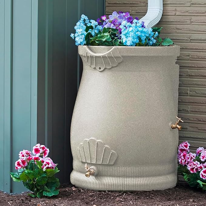 Good Ideas Rain Wizard 50 Gallon Rain Saver Barrel Water Storage Urn with Planter Space and 2 Brass Spigots, Sandstone (4 Pack)