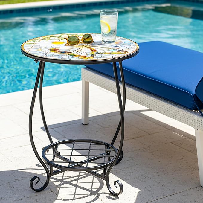 Outdoor Patio Side Table - 14" Metal Small Round Coffee Tables, Flower Butterfly Style Accent Stand End Snack Desk for Indoor Outside Balcony Yard Porch Bedside Poolside Garden Home Decoration