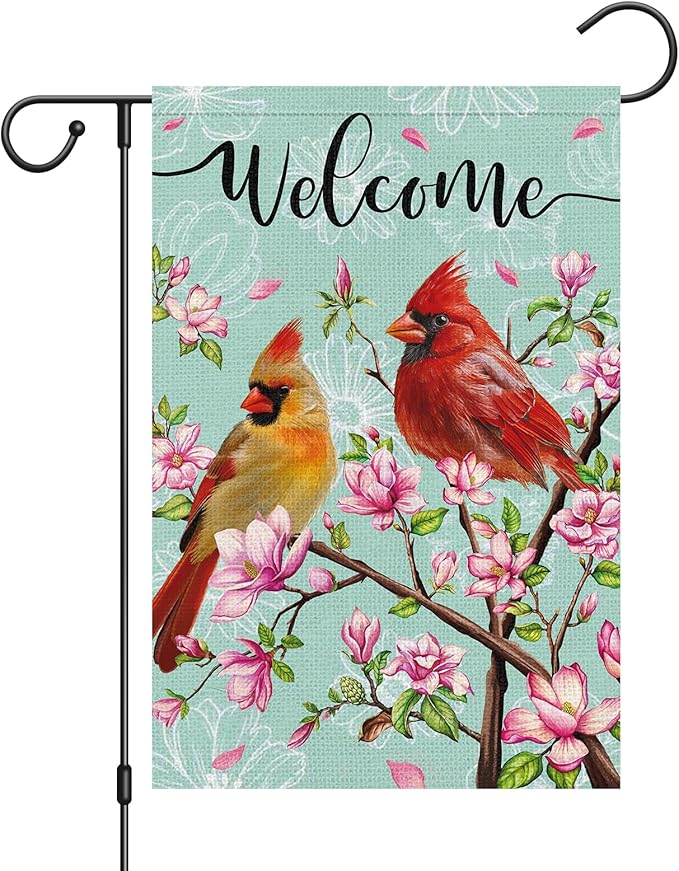 Cardinal Bird Welcome Spring Garden Flag, 12x18 Vertical Double Sided Burlap Tree Flower Spring Flag for Outside Farmhouse Yard Decorations