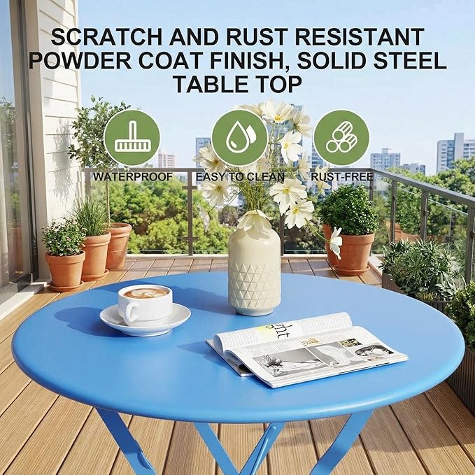 GarveeHome 3-Piece Foldable Bistro Set, Outdoor Patio Furniture with 2 Folding Chairs & 1 Table, Weather-Resistant Indoor/Outdoor Conversation Set for Patio, Blue