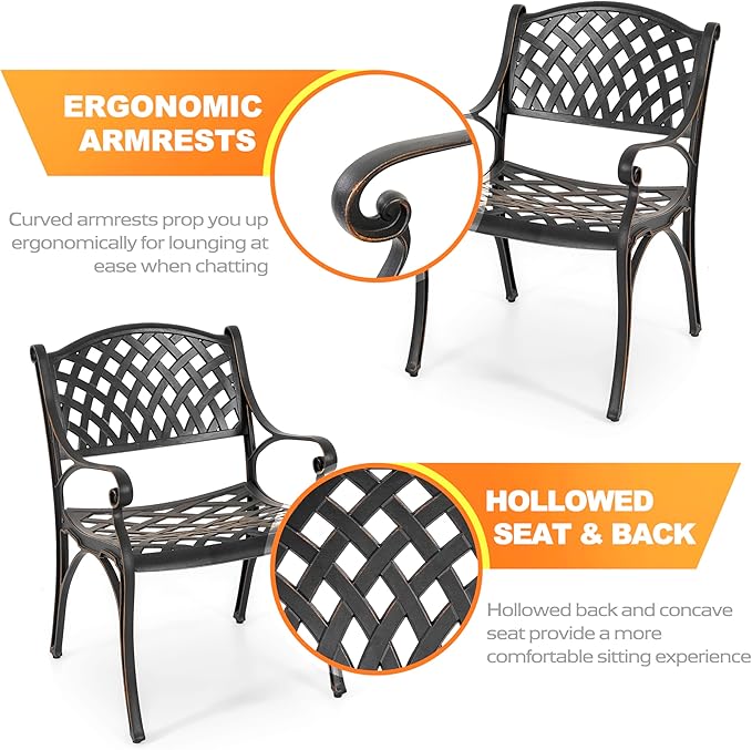 NUU GARDEN Cast Aluminum Patio Dining Chairs with Armrests for Indoor Outdoor Bistro Chairs for Balcony, Backyard, Garden, Black with Bronze Edge