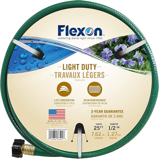 Flexon 1/2" x 25ft Light Duty Garden Hose – Lightweight, Flexible, Kink-Resistant, Durable Vinyl, Leak-Proof Couplings, Weather-Resistant Water Hose for Lawn, Garden, and Outdoor Use