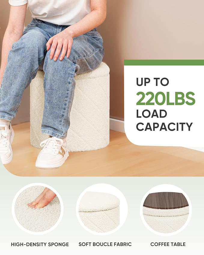 B FSOBEIIALEO Ottoman with Stroage, 13" Round Boucle Ottomans, Cream White | Small Ottoman with Removable Tray Lid, Foot Rest Stool, Twisted Design Coffee Table for Dorm Room, Living Room