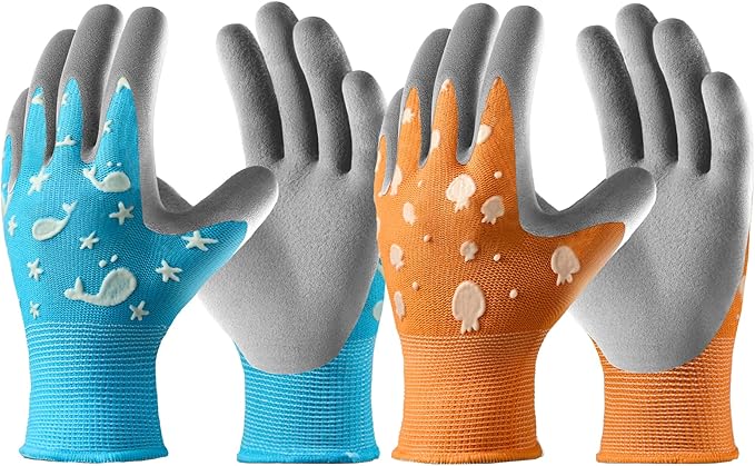 COOLJOB Glow in The Dark Kids Gardening Gloves for Age 3-5, 2 Pairs Children Reflective Yard Work Rubber Coated Gloves, Blue with Whale, Orange with Jellyfish, Small
