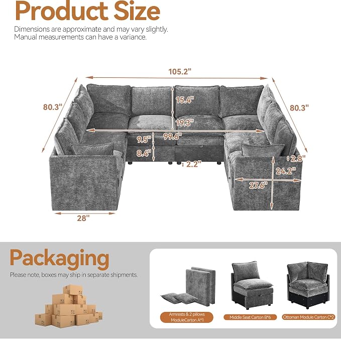 105"U-Shaped Storage Modular Sectional Sofa for Living Room, Light Grey