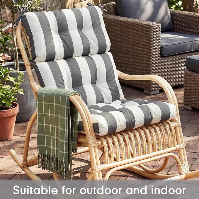 Hoteam 6 Pcs High Back Chair Cushions Set - 44'' x 21'' Indoor Outdoor Waterproof Soft Thicken Stripes Replaceable Cushion for Garden Summer Rocking Chair, Patio Furniture (Gray Stripes)