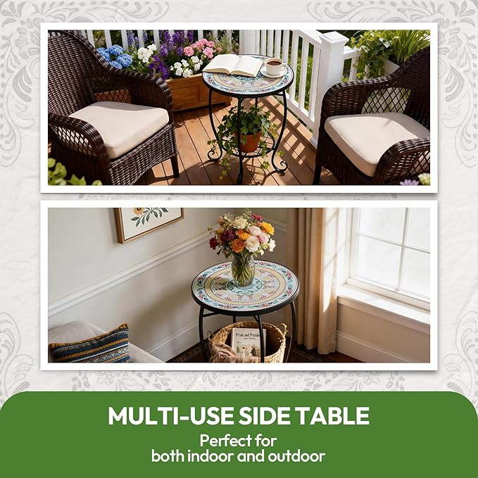 VINGLI Outdoor Side Table for Patio, Small Outdoor Table with Storage Shelf, Heavy Duty Metal Frame Patio Side Table for Outside Balcony Garden Porch (Celadon Flower Realm)