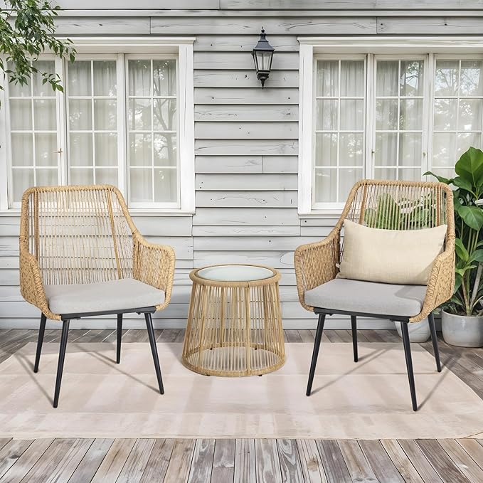 Patio Dining Chairs, Outdoor Dining Chairs with Armrest and Cushion Set of 6, Woven Twisted Wicker Rattan Chair, Modern Indoor Outdoor Seating for Garden, Lawn, Backyard, Natural
